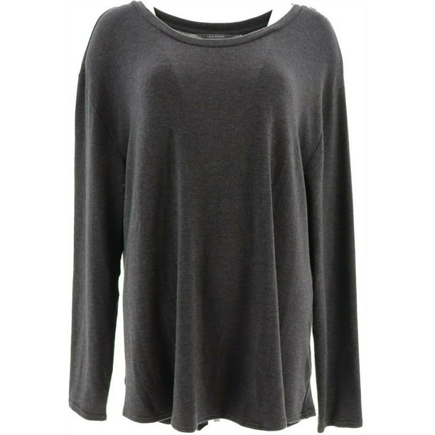 Lisa Rinna Collection Hacci Knit Curved Hem Long Slv Top Black M NEW A341720